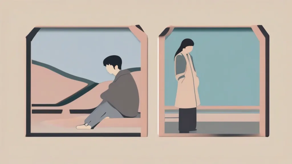 황혼 무렵 서울 도심을 배경으로 선 30대 한국 커플, 초혼 연령 상승을 상징하는 사진