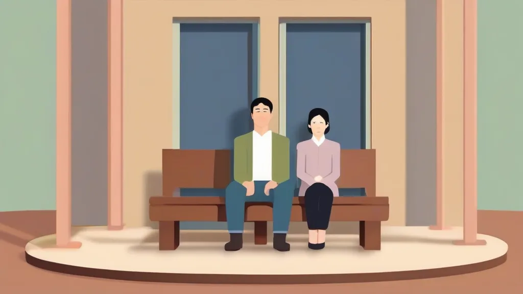 법률 서류와 주택 모형을 사이에 두고 마주 앉은 부부, 이혼 재산 분할 상담 장면
