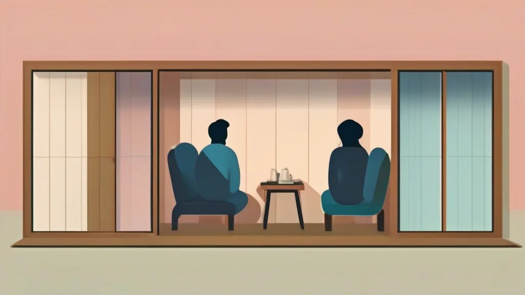 이혼 재산 분할을 앞두고 서류를 사이에 두고 마주 앉은 40대 부부의 모습