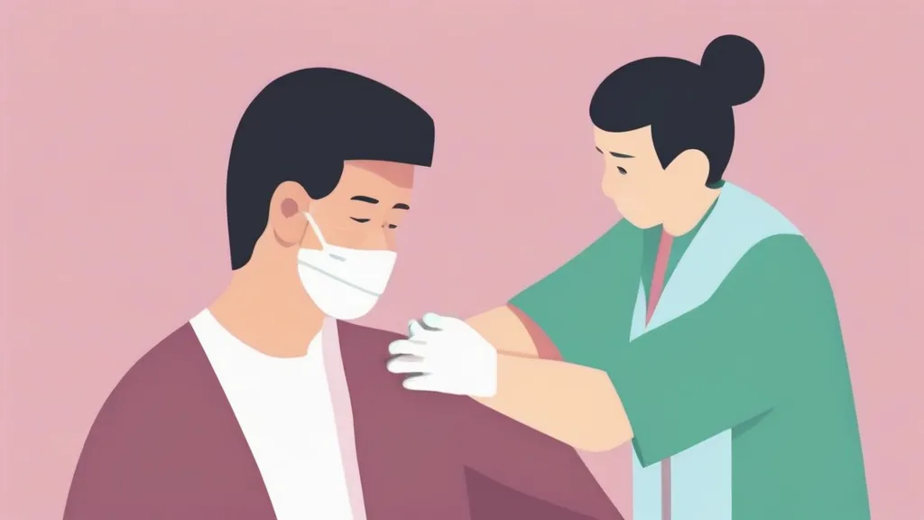 보건소에서 성인 예방접종을 받는 60대 남성과 의료진 사진