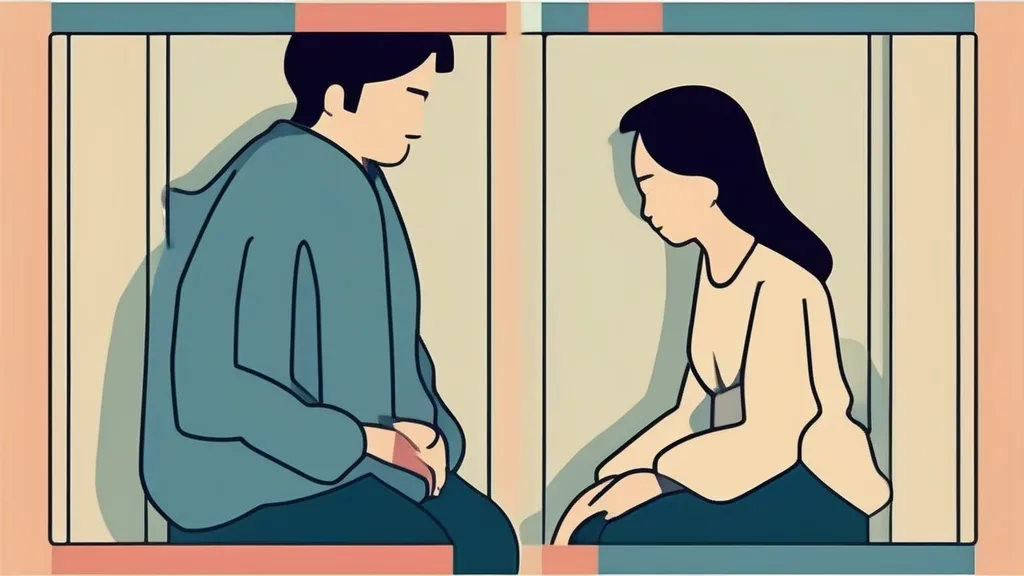 돈 문제로 거리를 둔 채 마주 앉은 연인과 테이블 위 계좌이체 화면