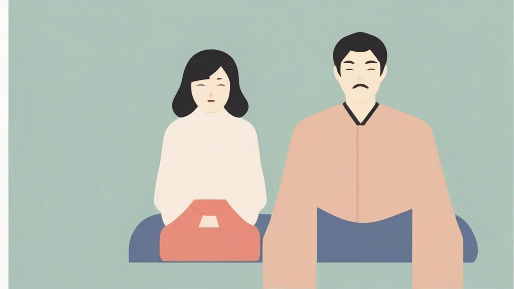 가정법원 대기실 탁자에 서류를 두고 마주 앉은 40대 부부의 모습