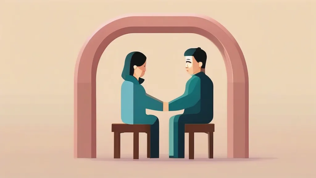 이혼 재산분할 서류와 집 열쇠를 사이에 두고 마주 앉은 부부의 모습