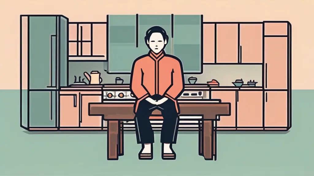 이른 아침 식탁에서 저린 손을 주무르는 50대 남성, 비타민 B12 부족 신호를 상징