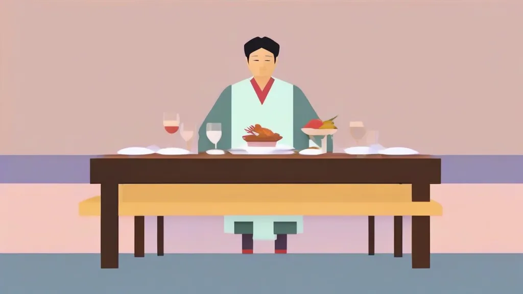 채소 반찬을 먼저 먹고 밥그릇은 옆에 둔 한국식 식사 장면
