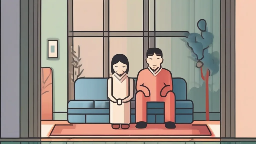 밤에 책상에서 법원 서류와 통장 내역을 확인하는 한국인 부모의 모습