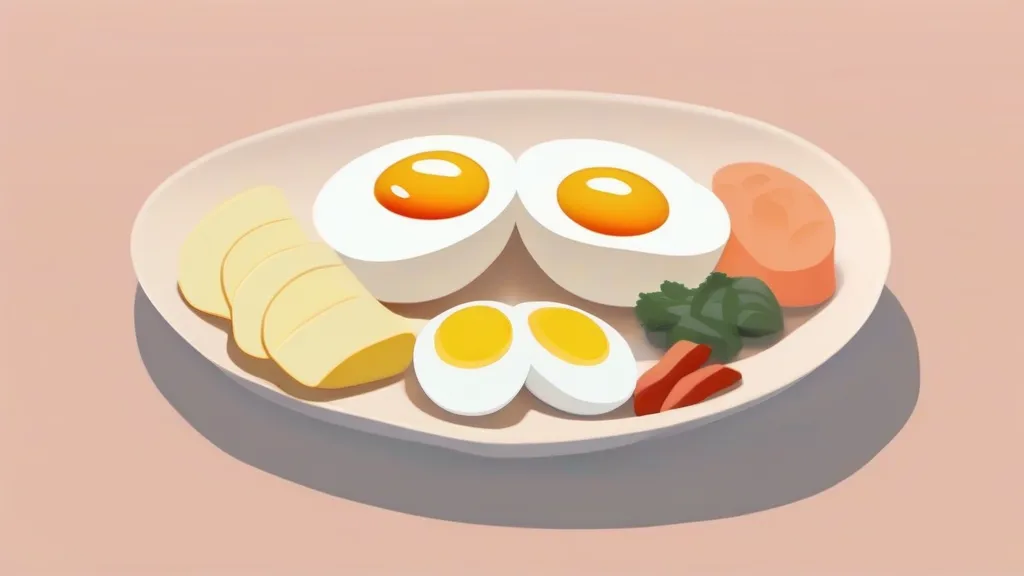 아침 햇살 아래 삶은 달걀, 두부, 그릭요거트, 두유로 차린 단백질 아침 식탁