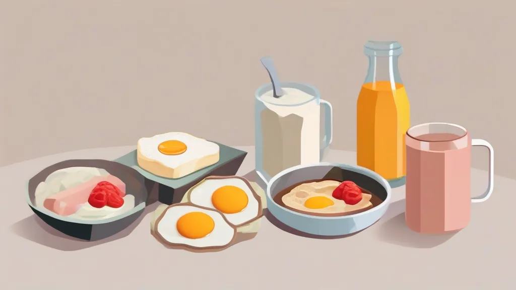 아침 식탁에 차린 계란 두부부침 그릭요거트 두유로 구성된 고단백 아침 단백질 메뉴