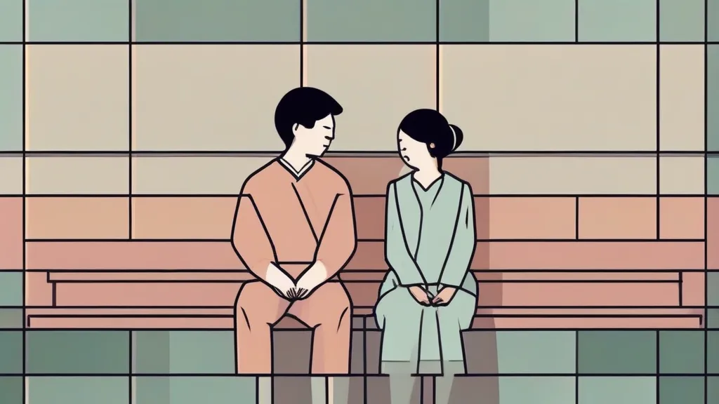 보건소 대기실에서 예비부부 건강검진 안내지를 함께 보는 30대 커플