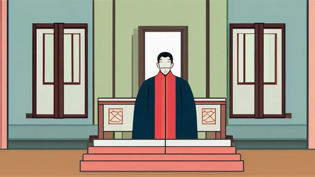 법원 결정문과 판사봉, 100m 접근금지 반경이 표시된 지도로 표현한 스토킹 잠정조치