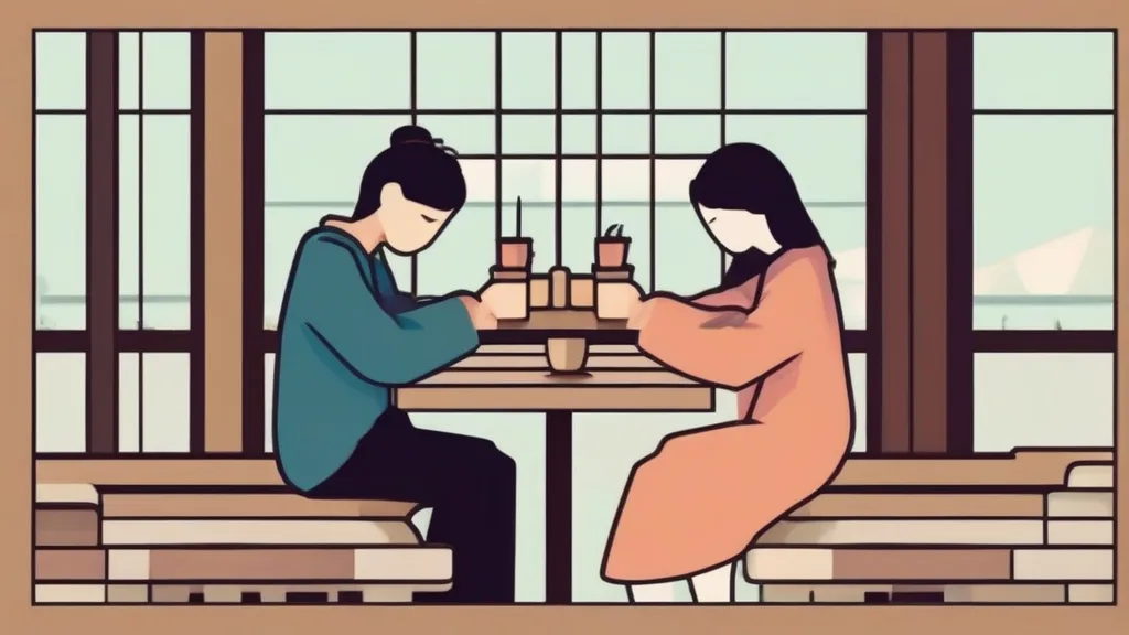 카페 테이블 위 연인이 차용증에 서명하는 손과 계좌이체 화면이 켜진 휴대전화