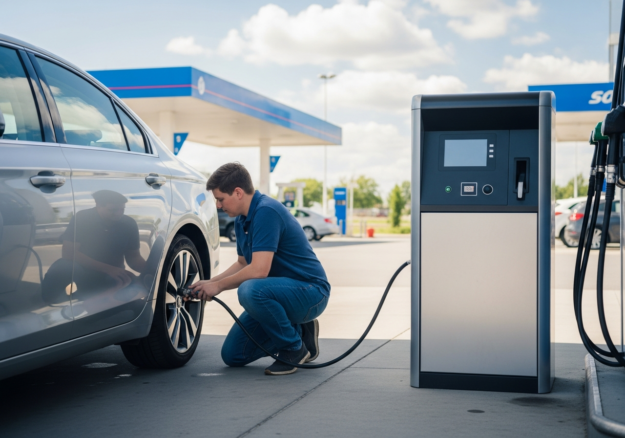 셀프 주유소 타이어 공기압 주입기 사용 모습