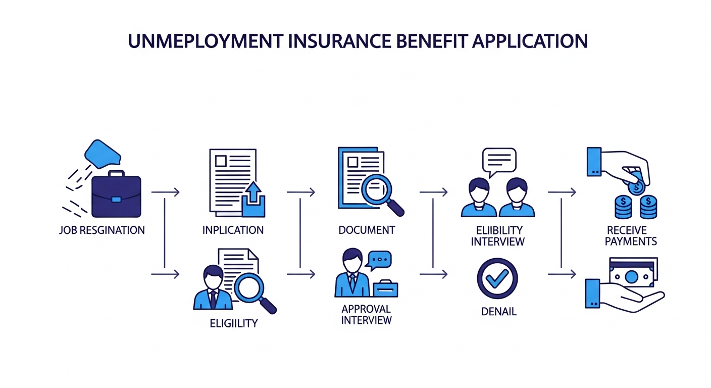 고용보험 실업급여 신청 절차를 단계별로 보여주는 인포그래픽