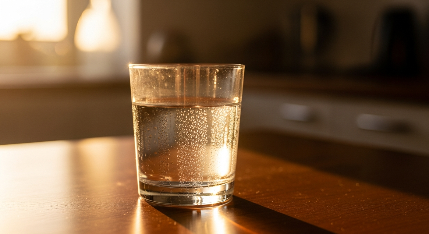 아침 햇살 아래 테이블 위 투명한 물 한 잔 — 공복 수분 섭취 가이드