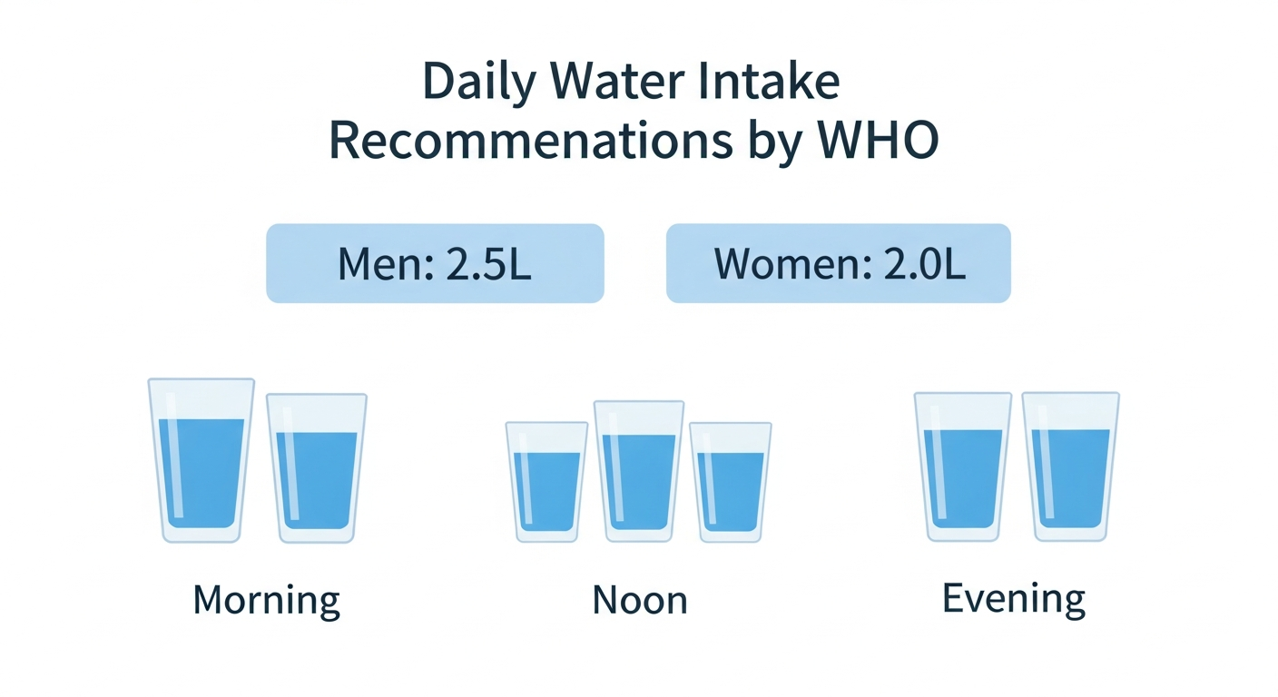 세계보건기구 하루 수분 섭취 권장량과 시간대별 배분 인포그래픽