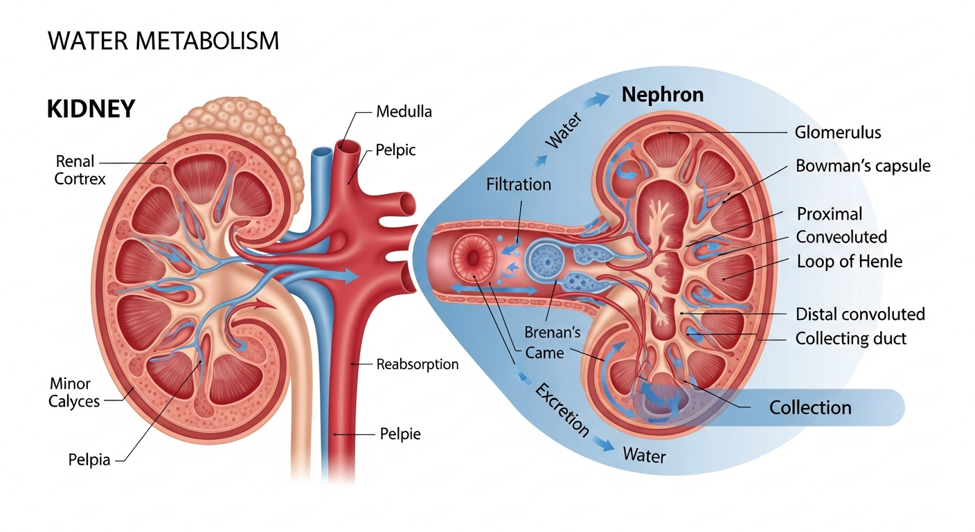 신장 기능과 수분 대사 과정을 보여주는 의학 다이어그램
