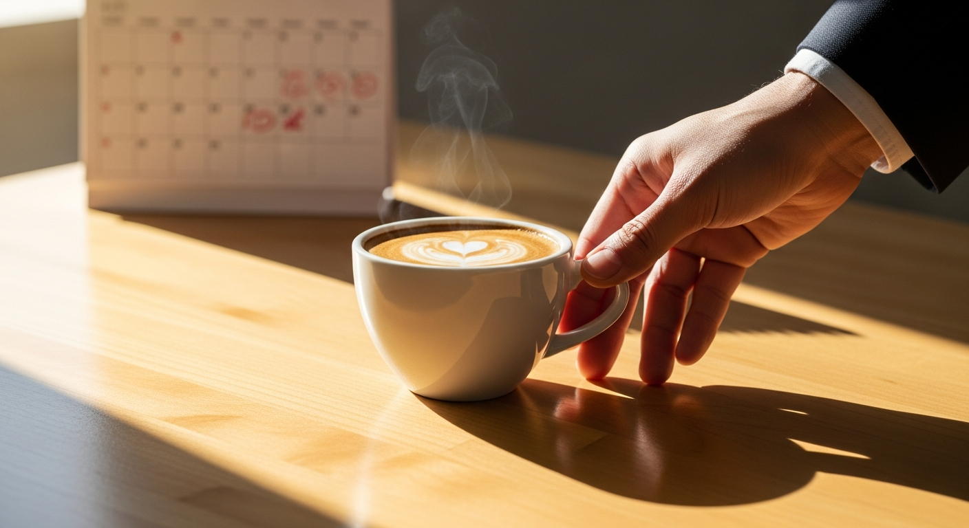 카페인 끊기를 결심하고 커피잔을 밀어내는 손과 달력이 놓인 책상 장면