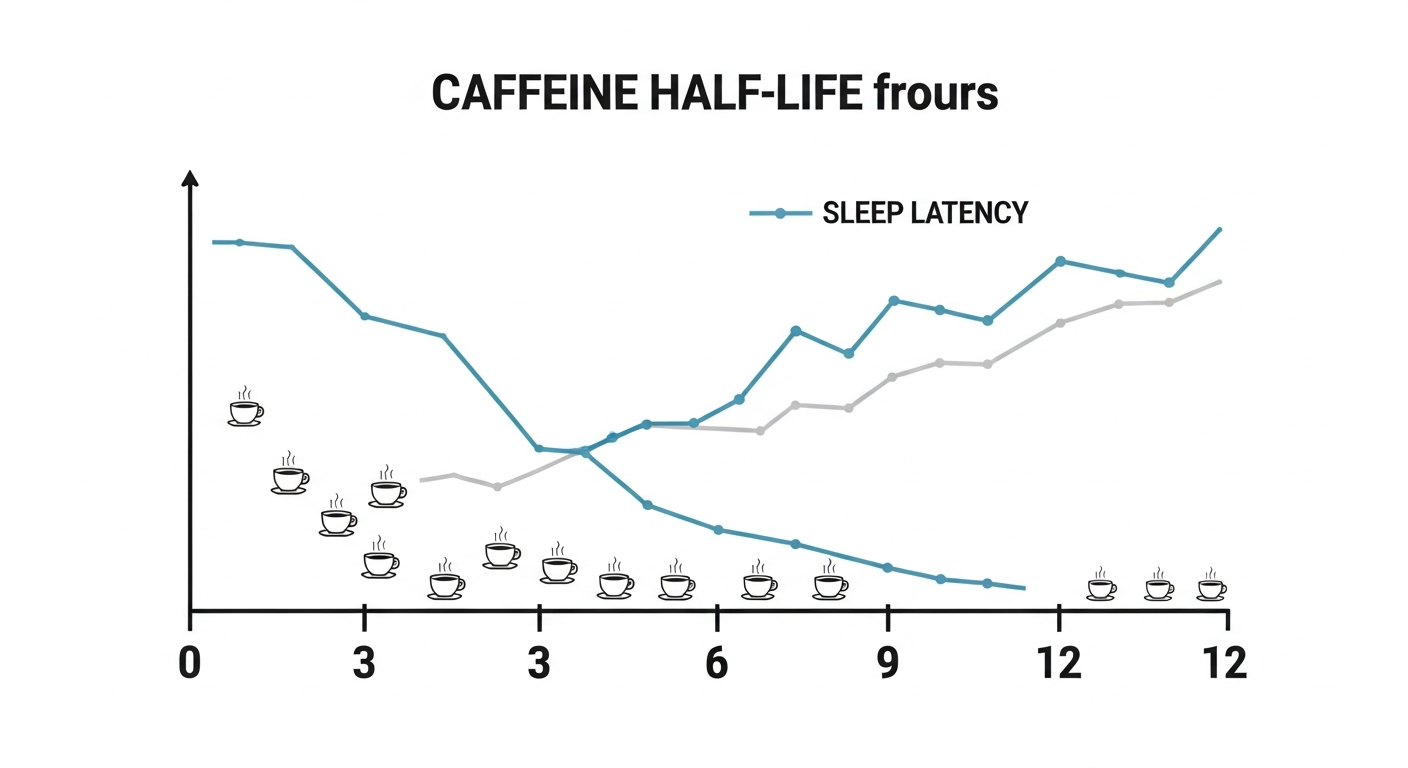 카페인 반감기와 수면 잠복기 관계를 보여주는 인포그래픽