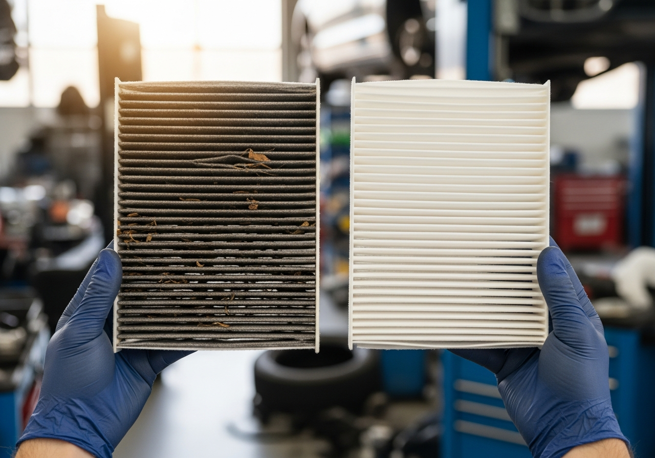 자동차 에어컨 필터 교체 전후 비교 — 오염된 필터와 새 필터