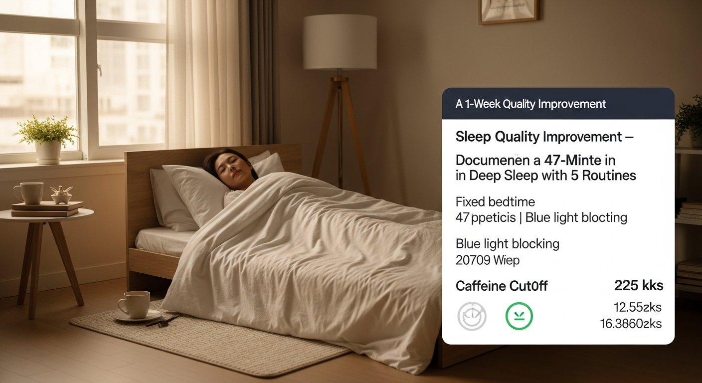 수면의 질 개선 1주일 실험 — 5가지 루틴으로 숙면 시간 47분 늘린 기록 — 대표 이미지 (자기관리 주제 일러스트)