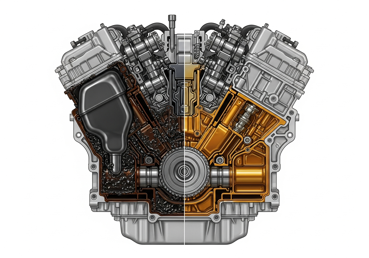 엔진오일 교체 주기 초과 시 엔진 내부 슬러지 축적 개념도