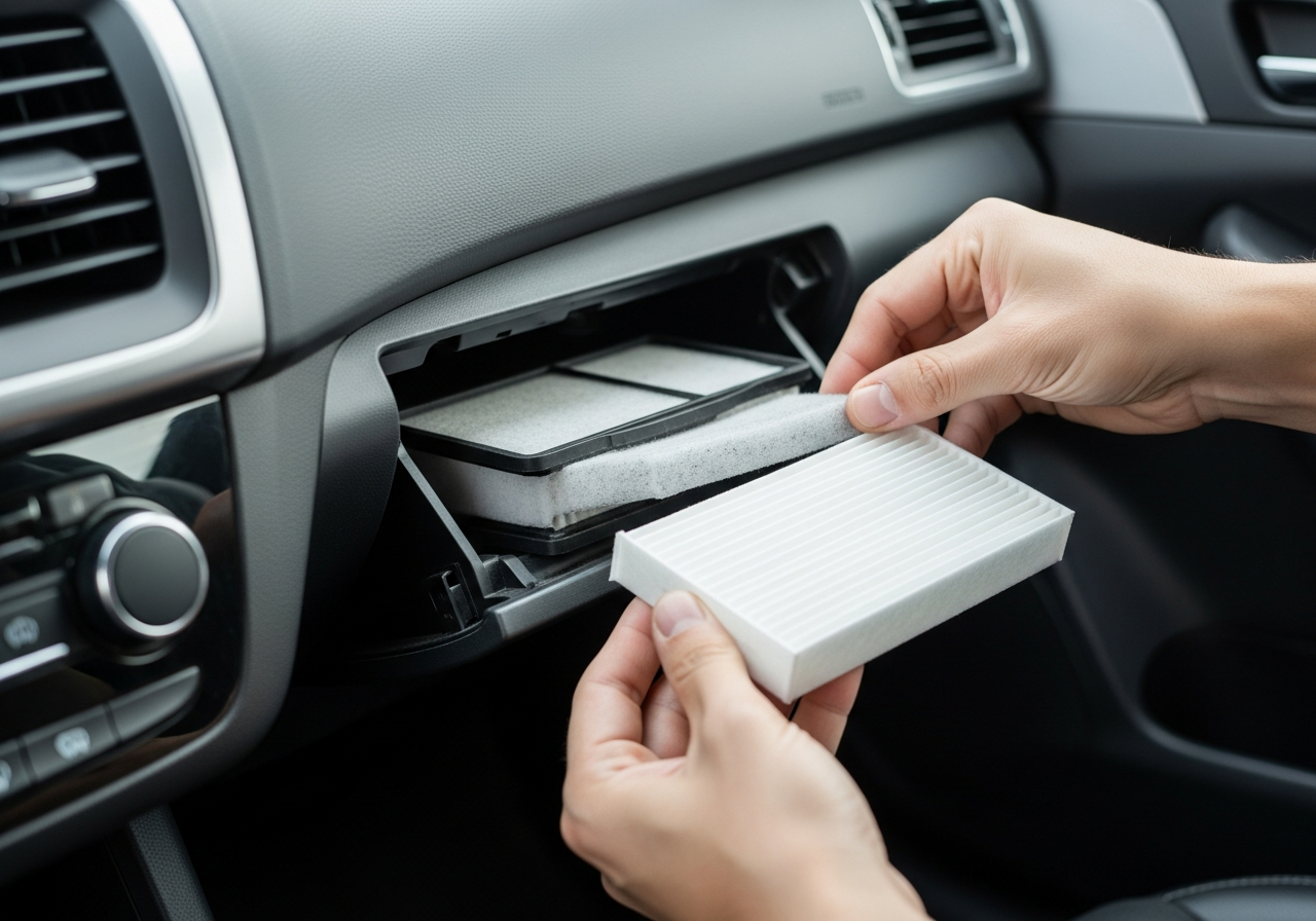 글로브박스 열고 에어컨 필터 교체하는 모습
