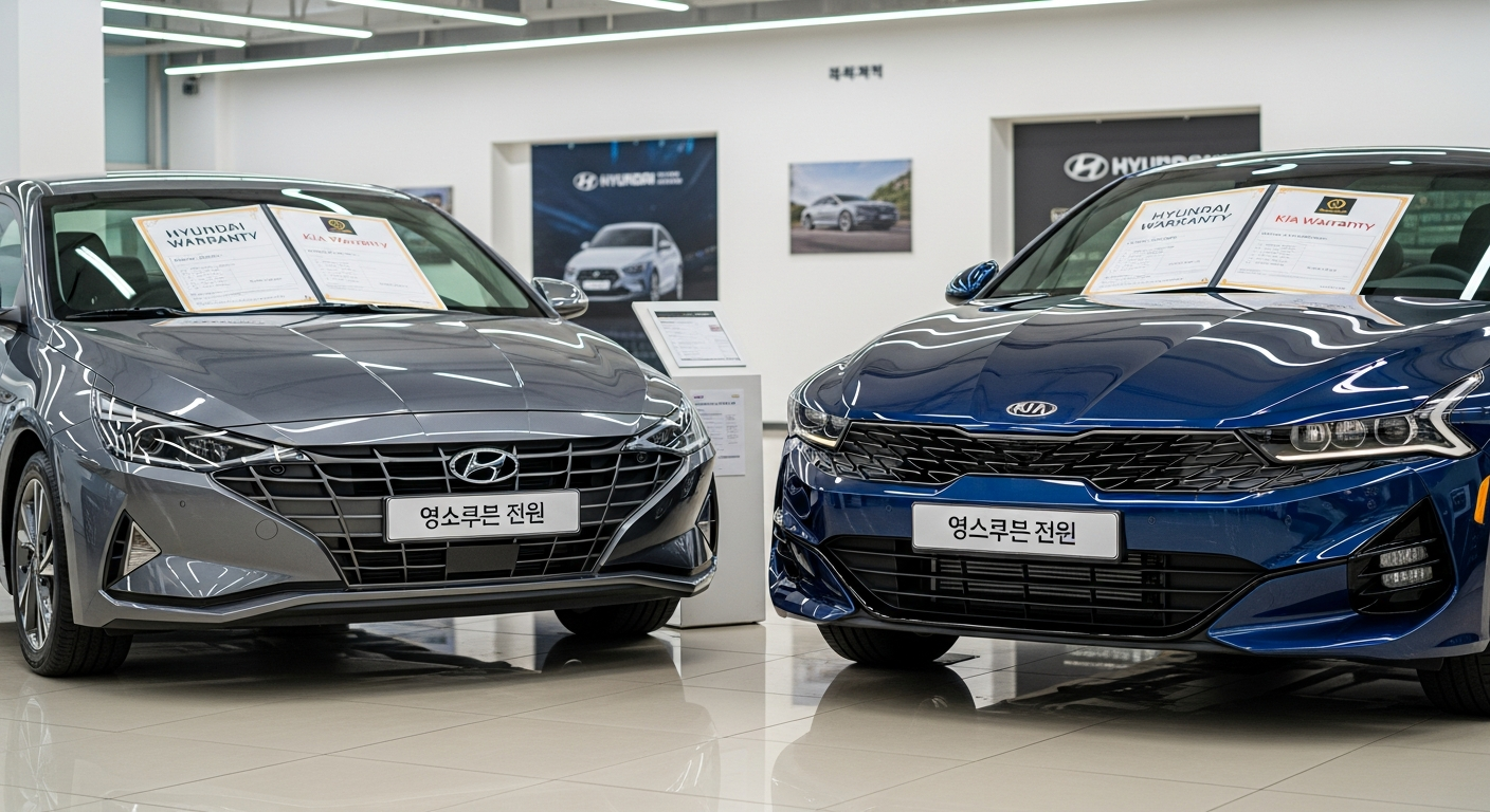 현대와 기아 자동차가 나란히 전시된 딜러십 쇼룸에서 보증 서류를 비교하는 장면