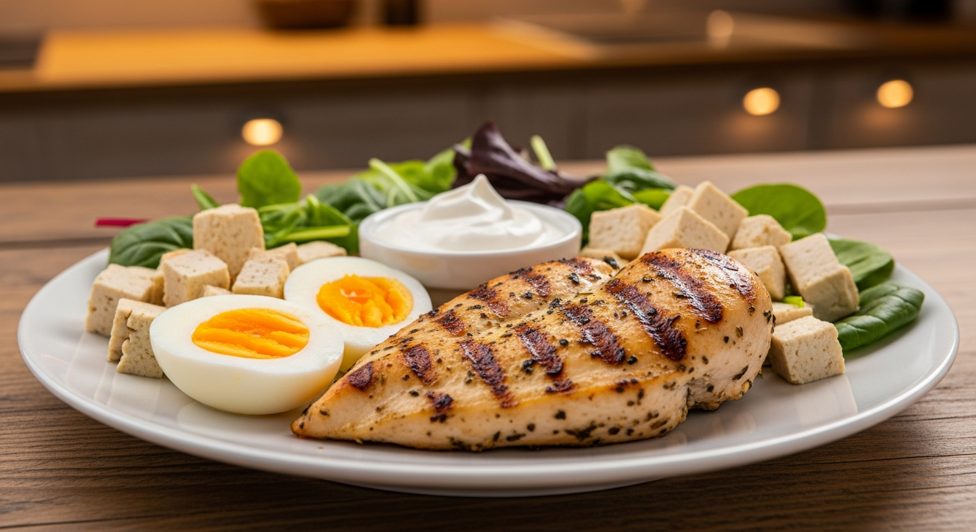 저녁 단백질 섭취에 적합한 닭가슴살·그릭요거트·달걀·두부가 담긴 식탁
