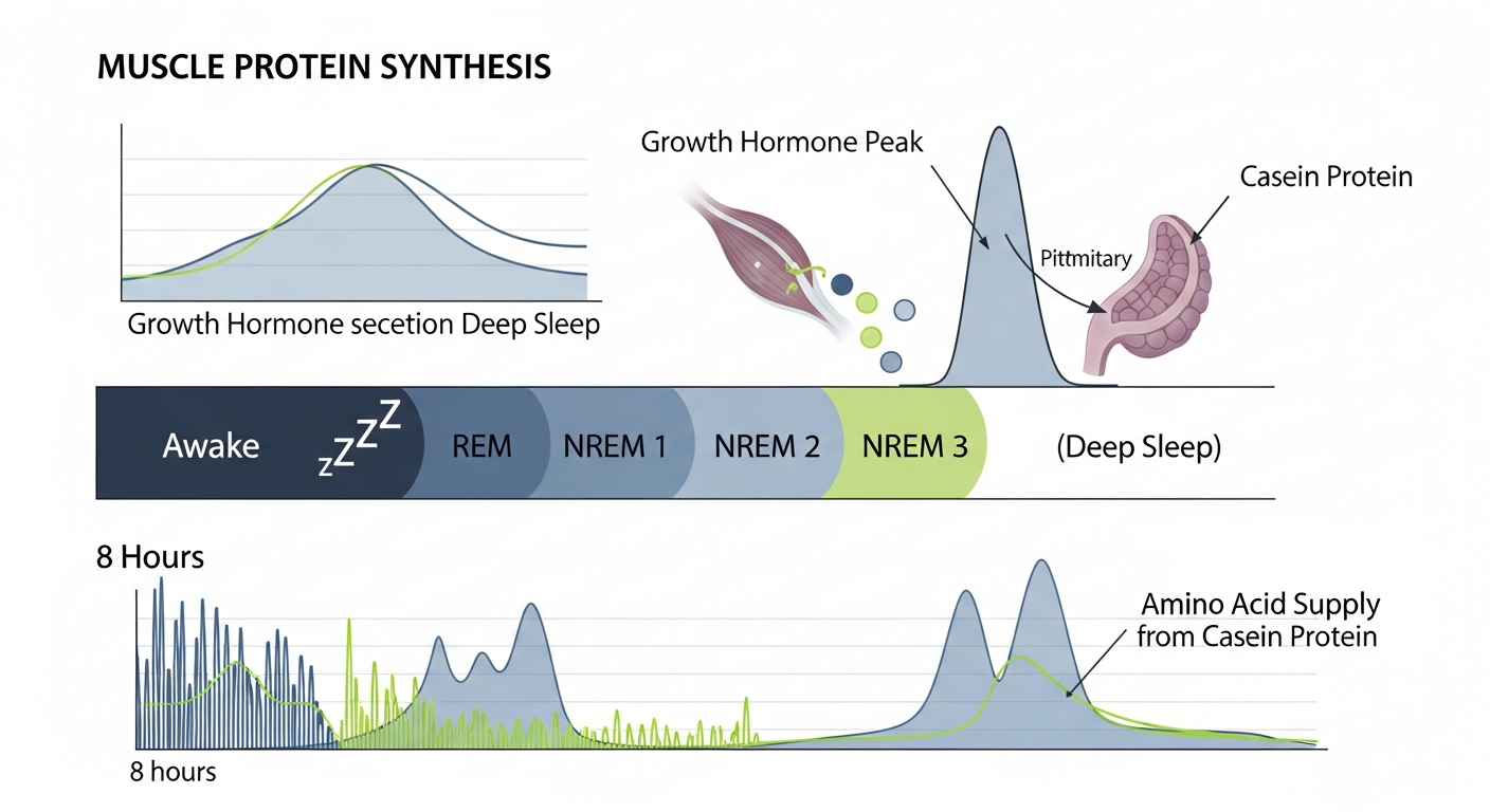 저녁 단백질 섭취와 야간 근합성 과정 인포그래픽 — 수면 중 성장호르몬과 아미노산의 역할