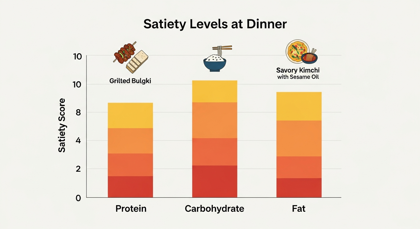 저녁 식단에서 단백질·탄수화물·지방 비율에 따른 포만감 변화 비교 차트
