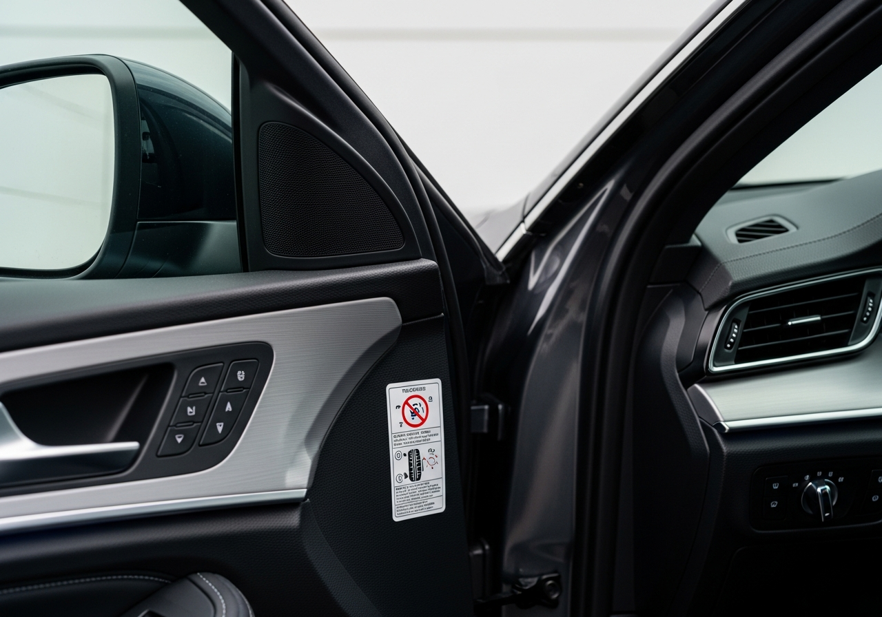 차량 운전석 도어 안쪽 타이어 공기압 스티커 위치 안내