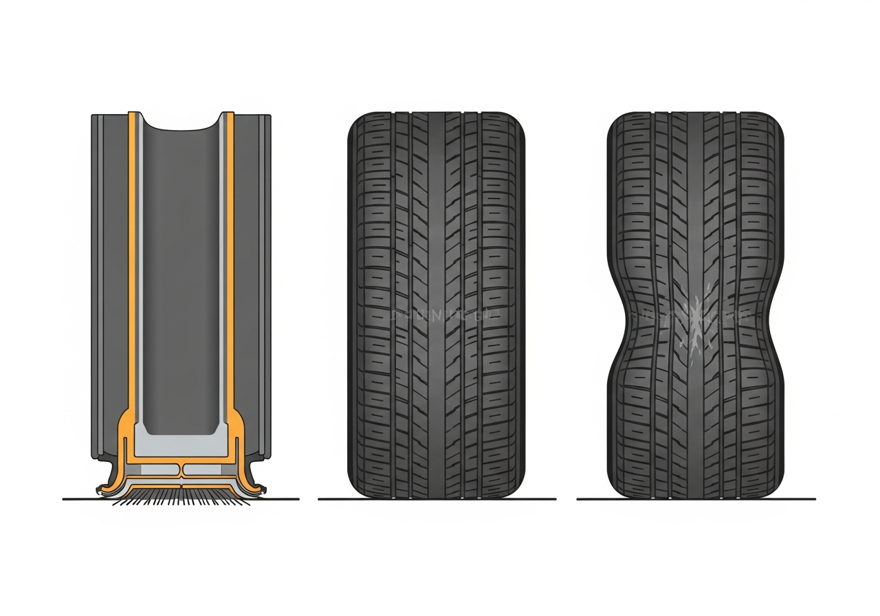타이어 공기압 부족과 과다 시 마모 패턴 비교 인포그래픽