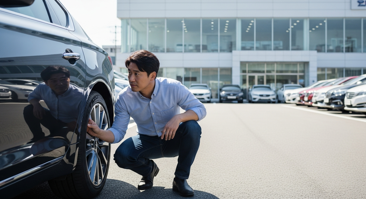 중고차 매매단지에서 차량 하부를 꼼꼼히 점검하는 남성 구매자