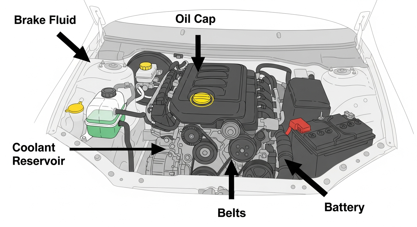 중고차 엔진룸 주요 점검 포인트를 표시한 다이어그램