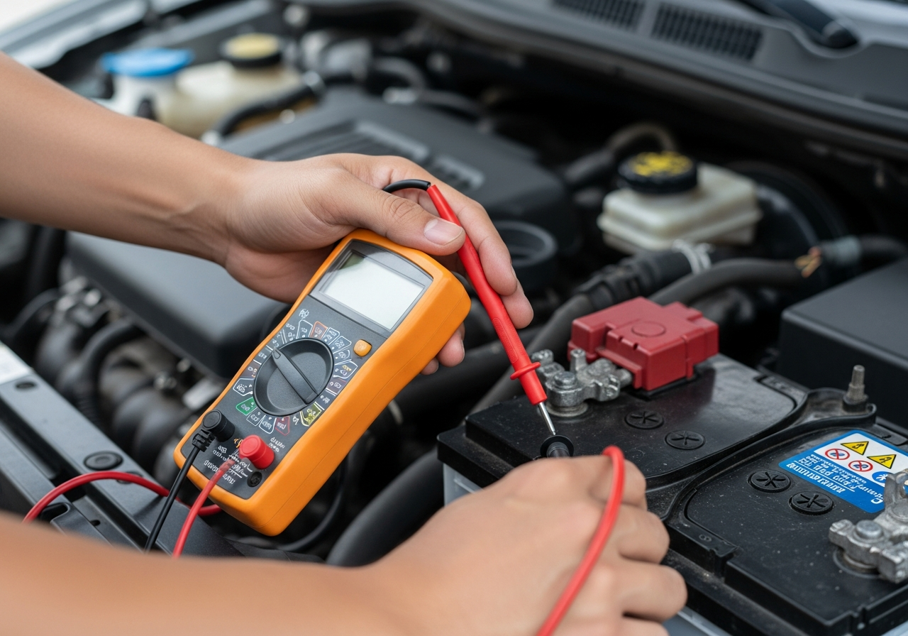 멀티미터로 자동차 배터리 전압을 측정하는 모습