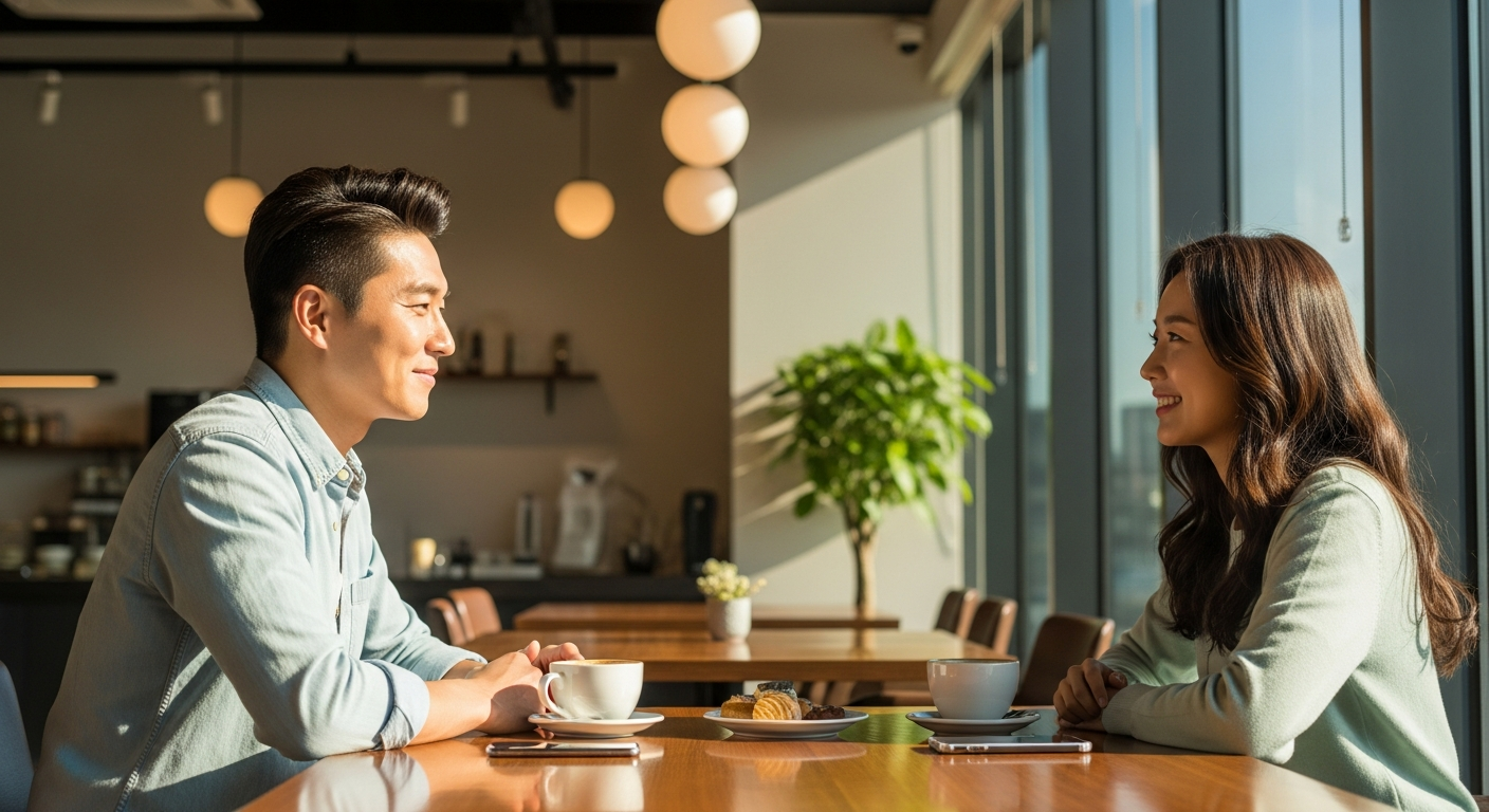 소개팅 전 준비 체크리스트 — 카페에서 자연스럽게 대화하는 남녀