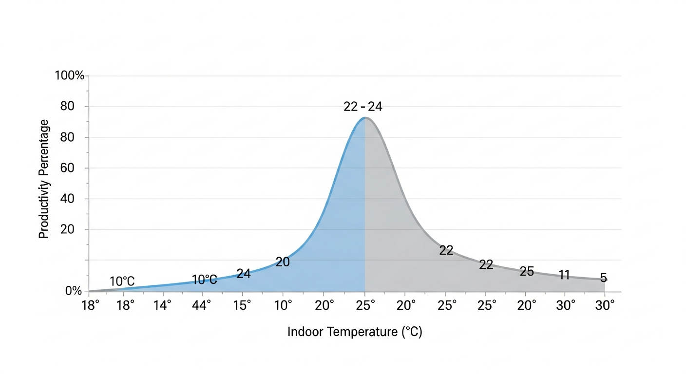 집중력 최적 실내 온도와 생산성 관계를 보여주는 그래프 — 22-24도 구간 최적