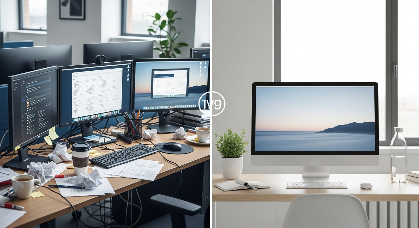 정리된 미니멀 데스크 세팅과 어수선한 책상의 대비 — 집중력 환경 차이