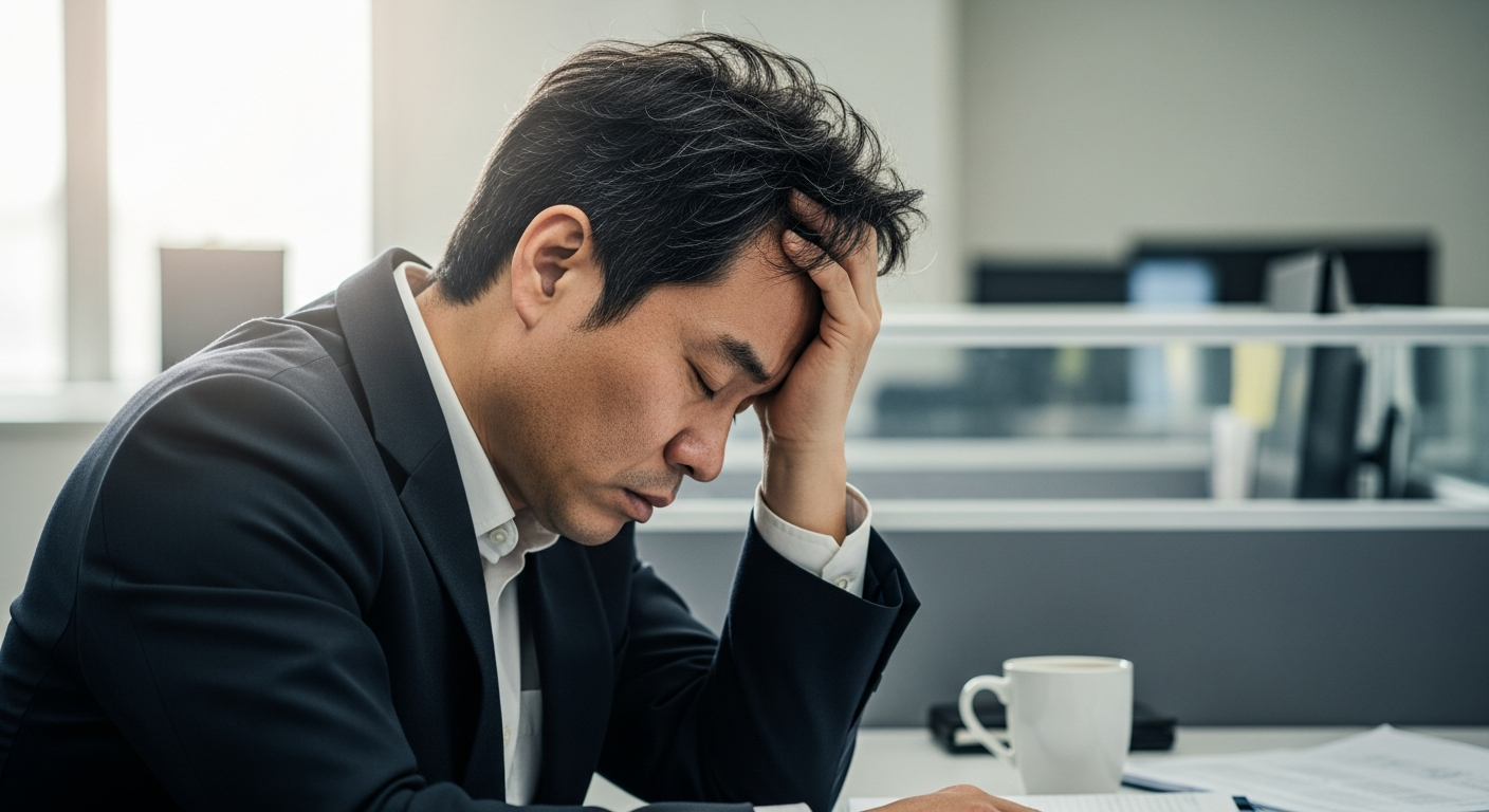 사무실 책상에서 피로감에 머리를 짚고 있는 40대 한국 남성 — 만성피로 자가진단 체크리스트
