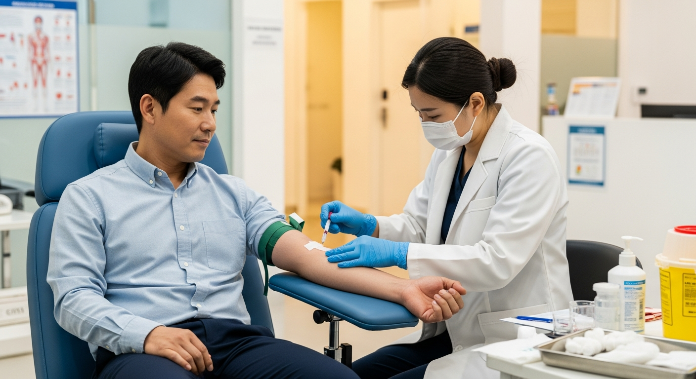 내과 진료실에서 만성피로 관련 혈액검사를 받는 모습