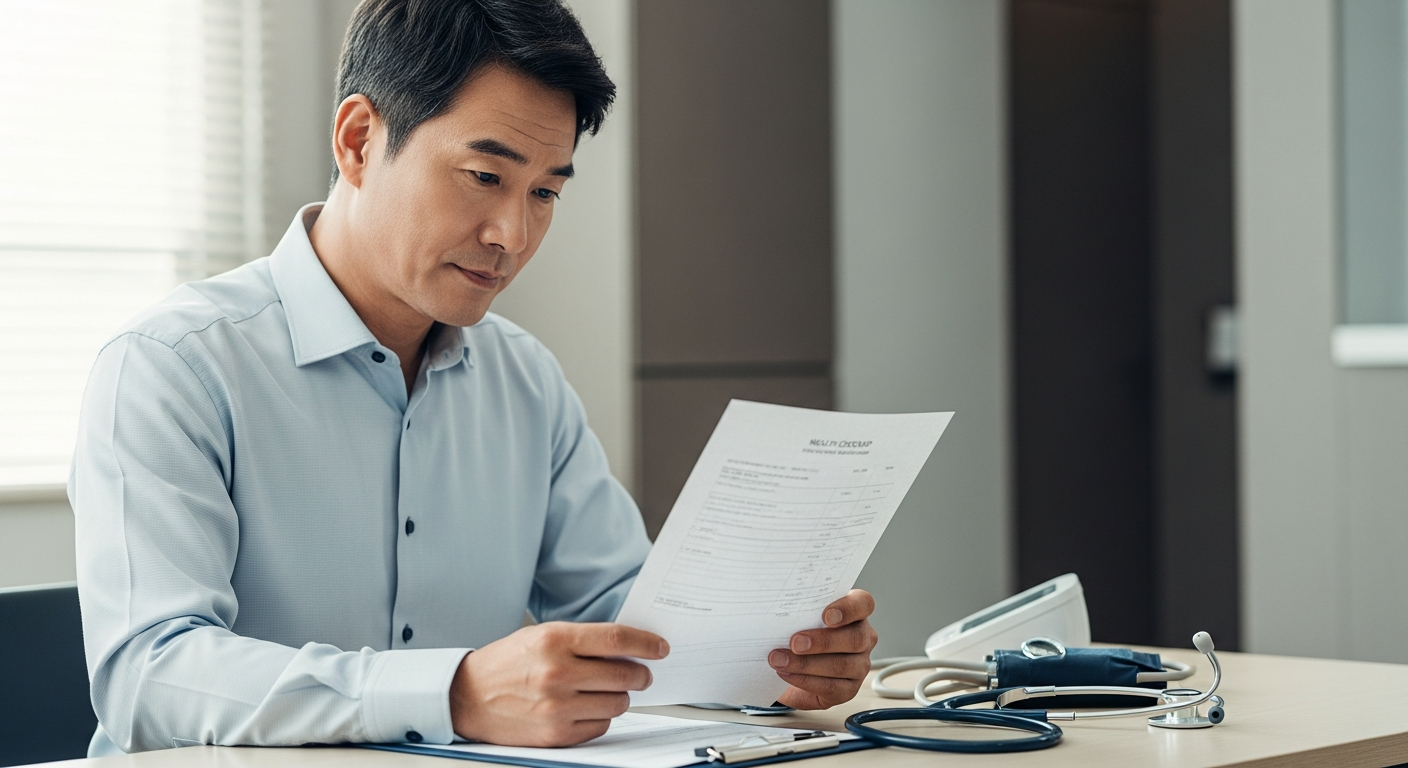 건강검진 결과표를 확인하는 중년 남성과 혈압계가 놓인 진료실 책상