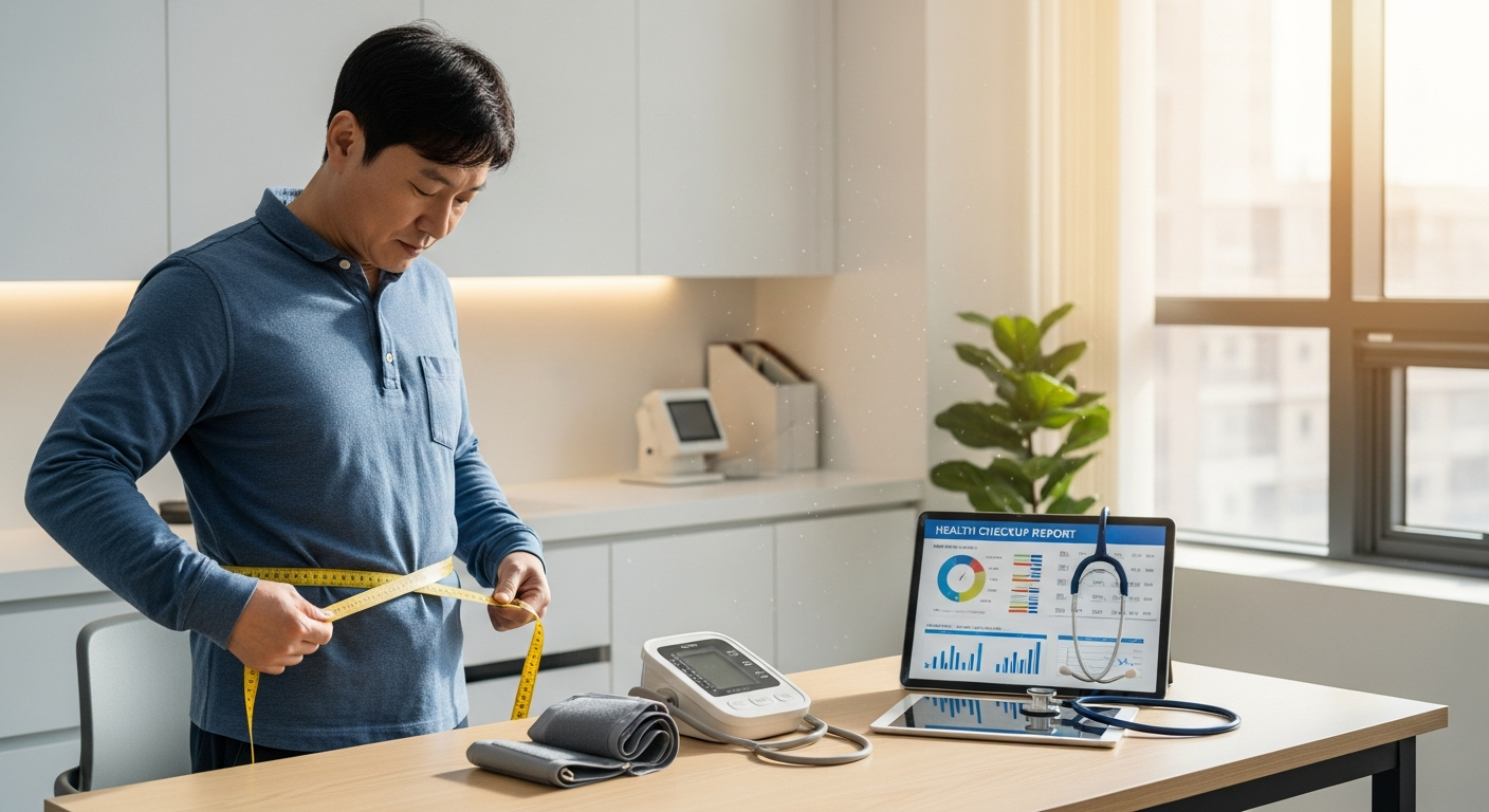 40대 남성이 허리둘레를 측정하며 대사증후군 자가진단 체크를 하는 건강검진 장면