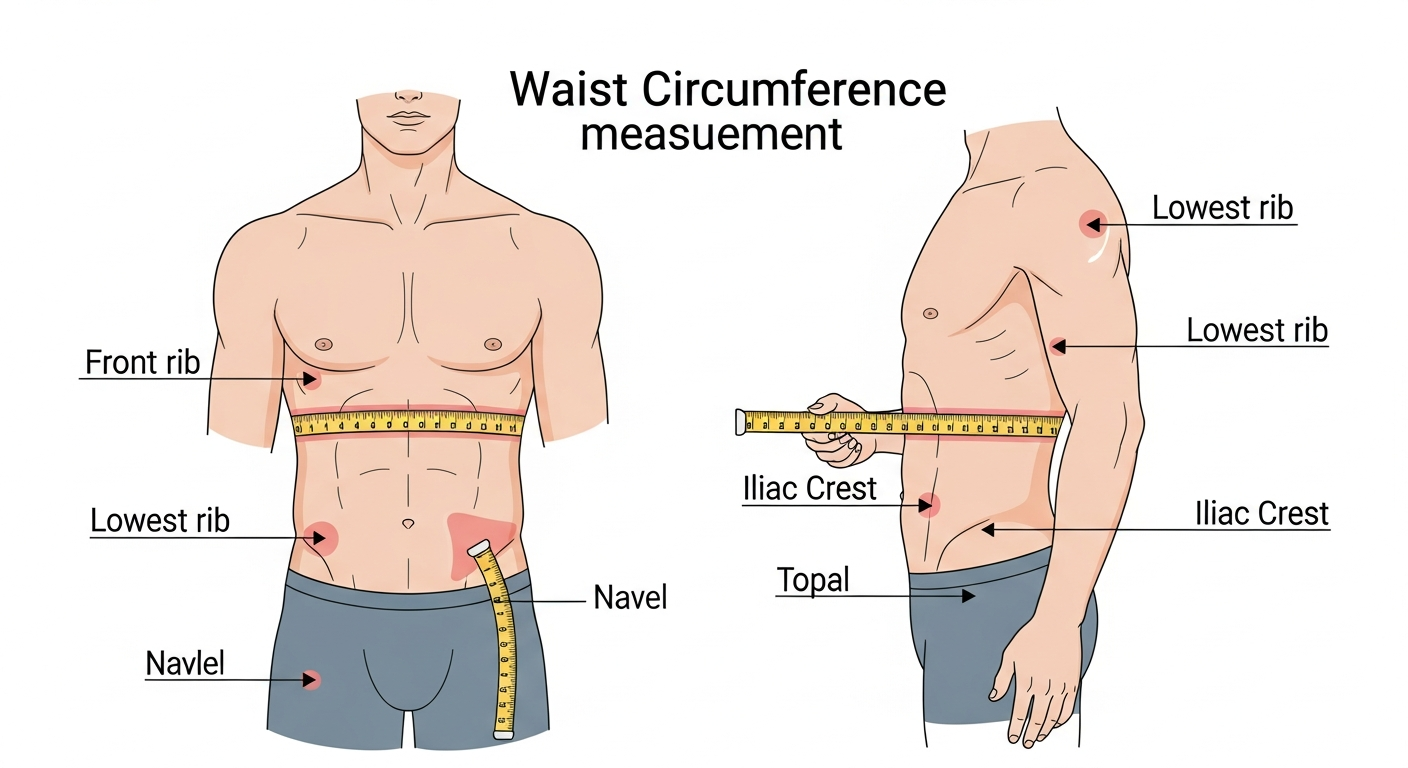 허리둘레 측정 위치와 올바른 자세를 보여주는 인포그래픽
