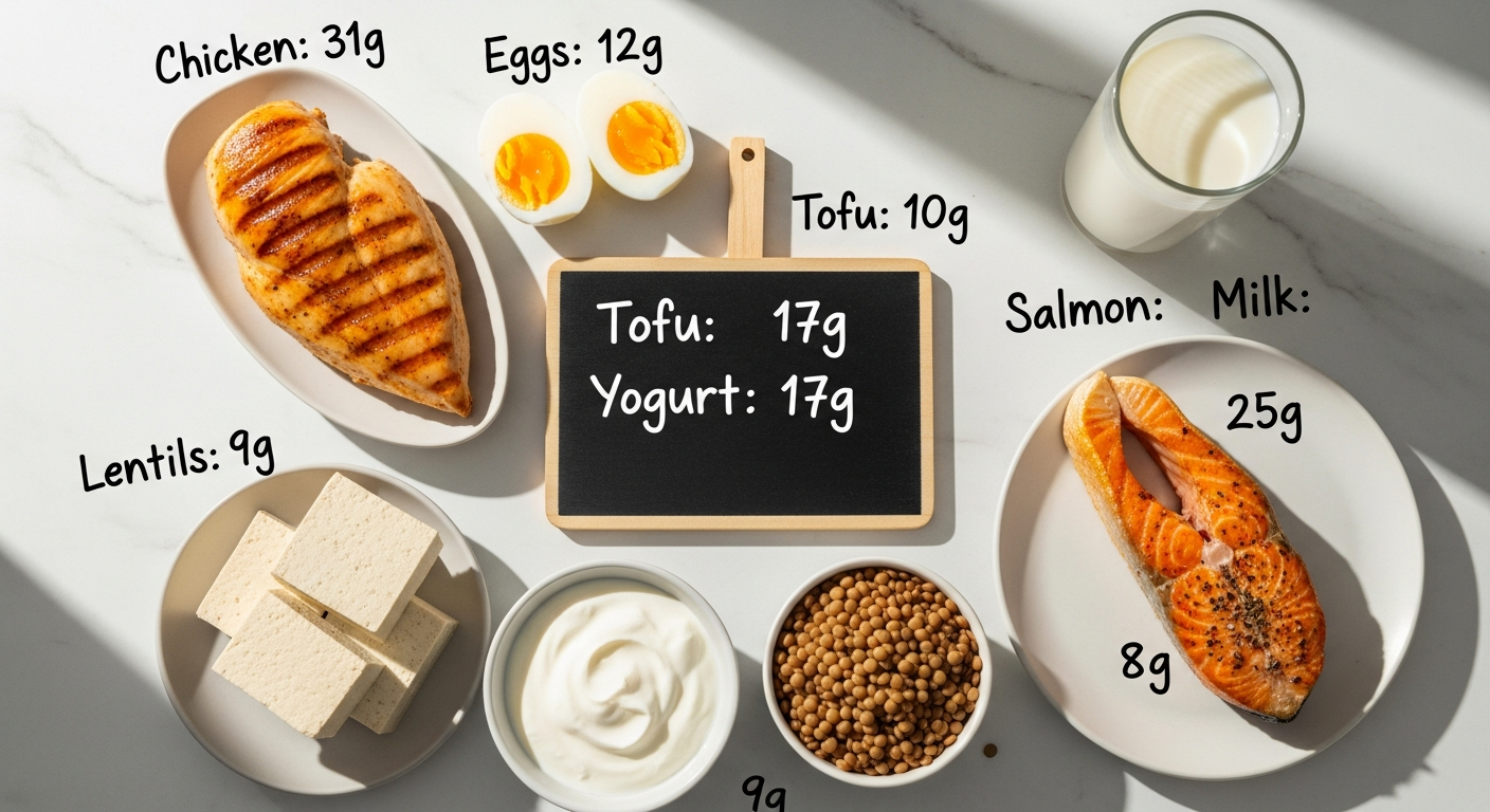 하루 단백질 권장량 충족을 위한 고단백 식품 모음 — 닭가슴살 달걀 두부 연어 우유