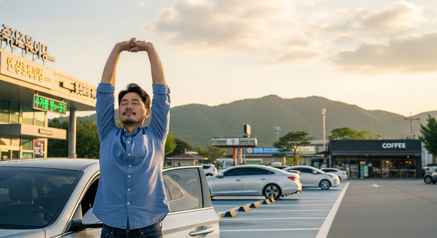 고속도로 휴게소에서 스트레칭하며 피로를 풀고 있는 장거리 운전자 모습