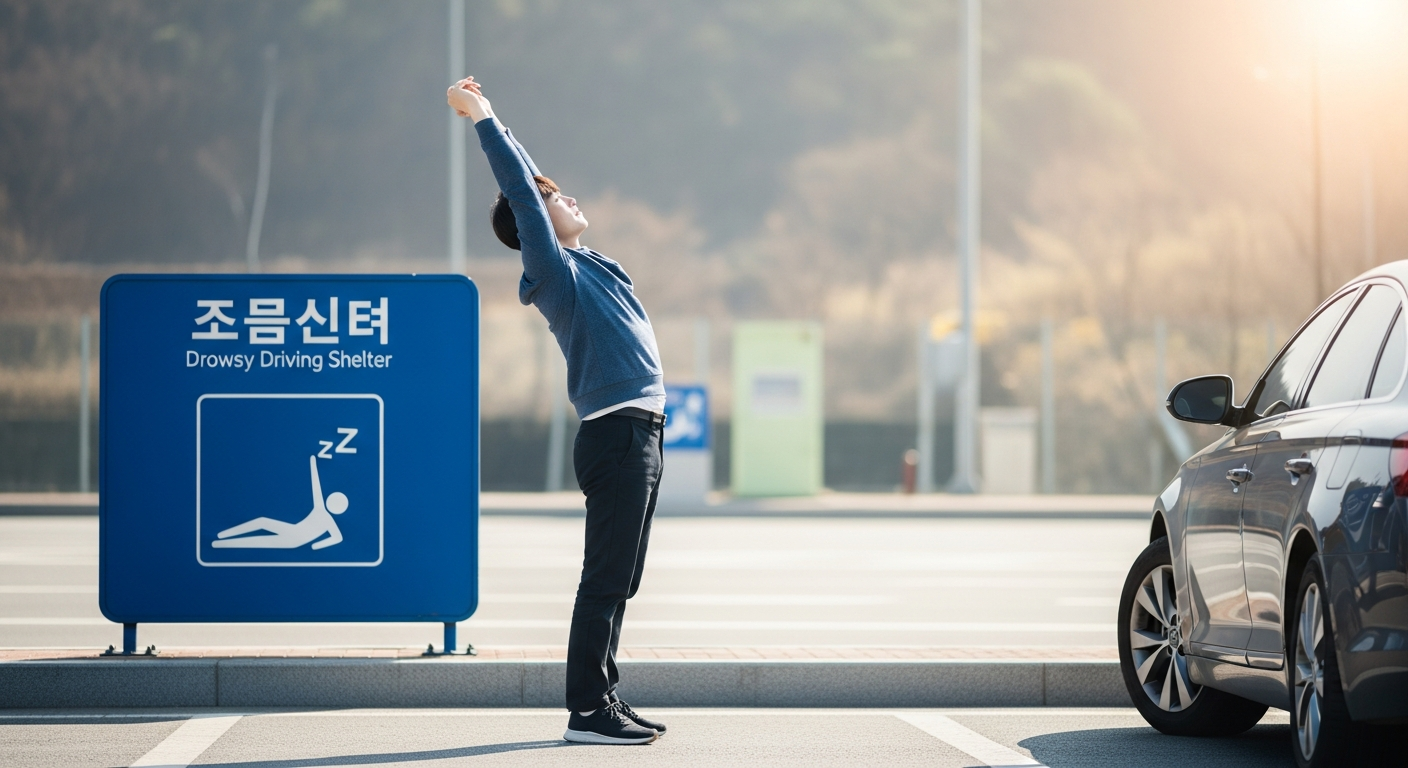 장거리 운전 중 고속도로 휴게소에서 스트레칭하는 운전자 모습