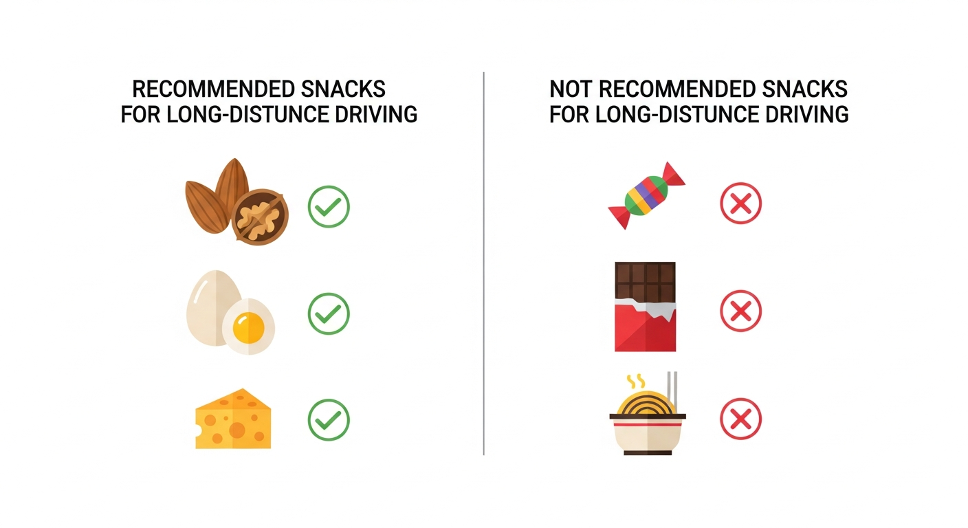 장거리 운전 시 권장 간식과 피해야 할 음식 비교 인포그래픽
