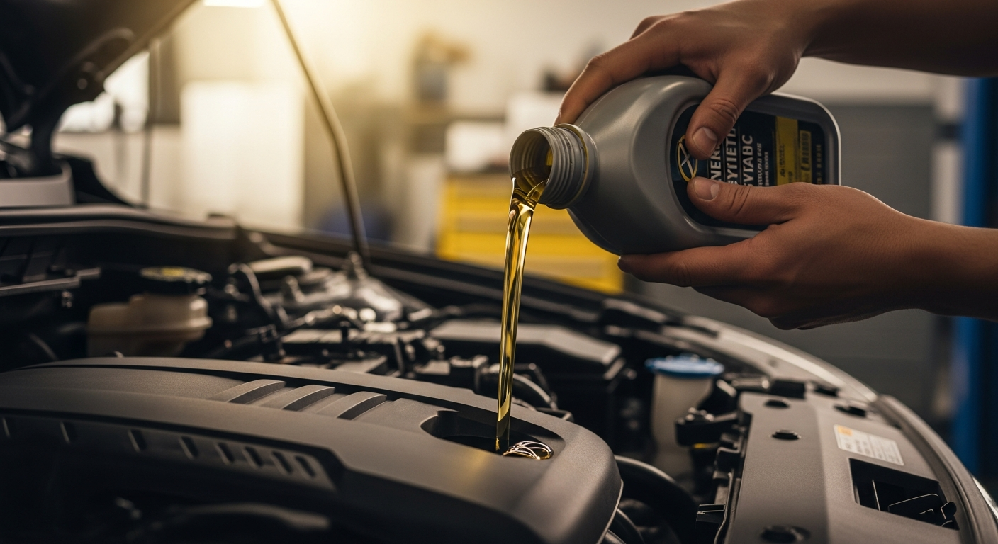 정비소에서 합성유를 주입하는 장면 — 엔진오일 교환주기 5,000km vs 10,000km 비교 가이드