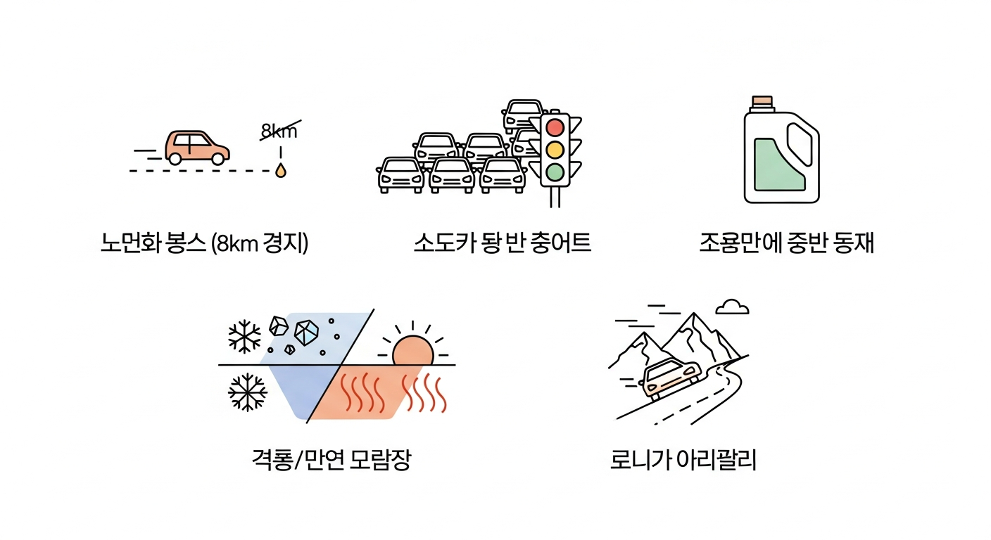 엔진오일 가혹 조건 판단 기준표 — 단거리·정체·기온·경사 4가지 항목