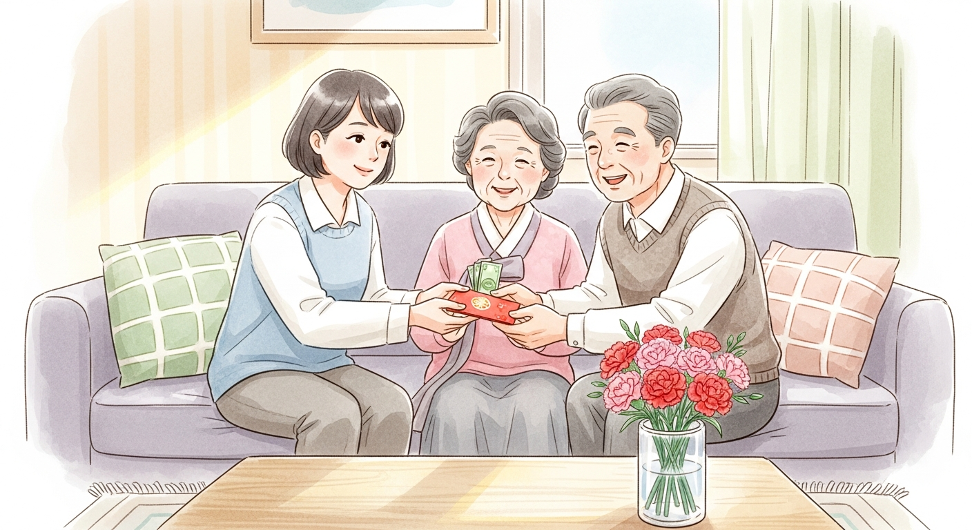 어버이날 부모님께 용돈 봉투를 드리는 장면 일러스트